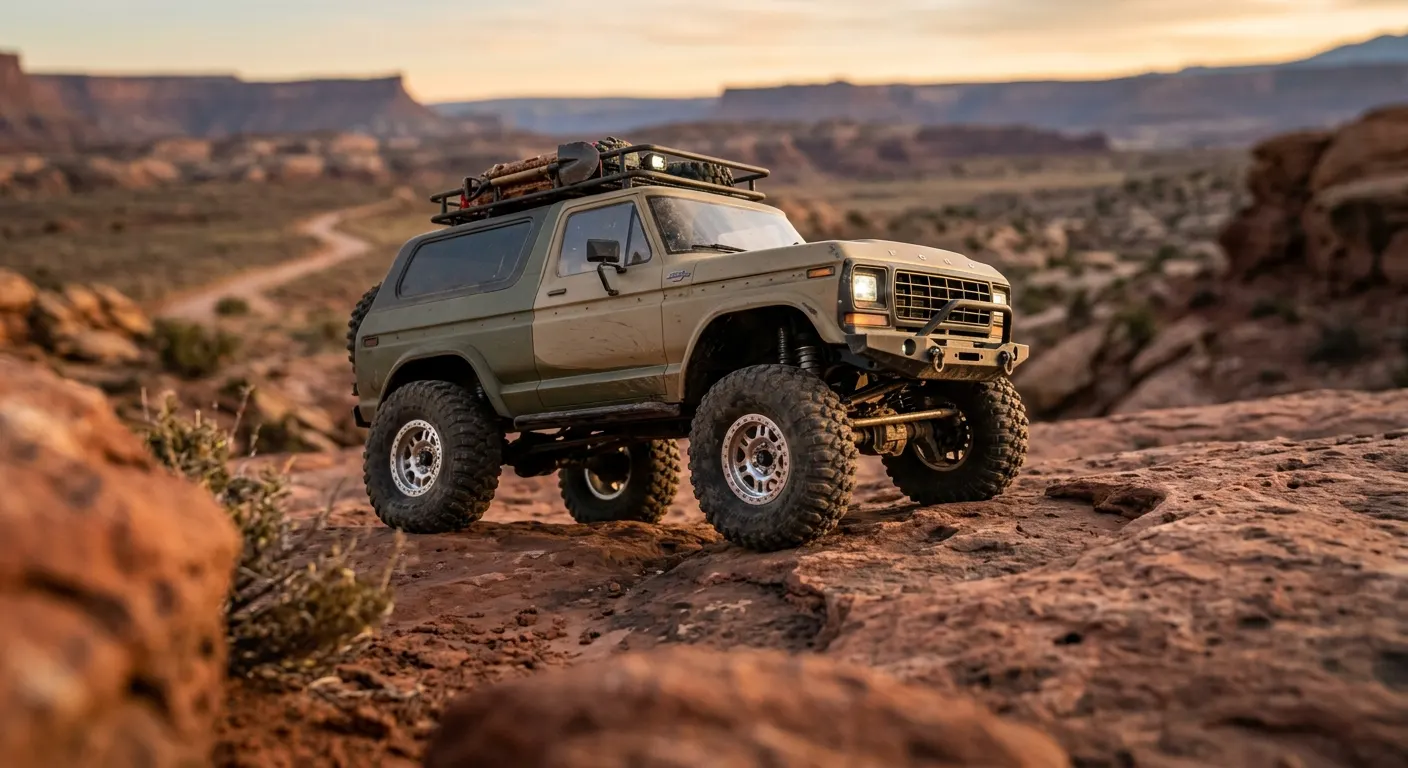 Pro-Line Bronco and Killerbody Land Cruiser hard bodies side by side on a dark workshop surface, panel lines and unpainted ABS detail visible under warm directional light