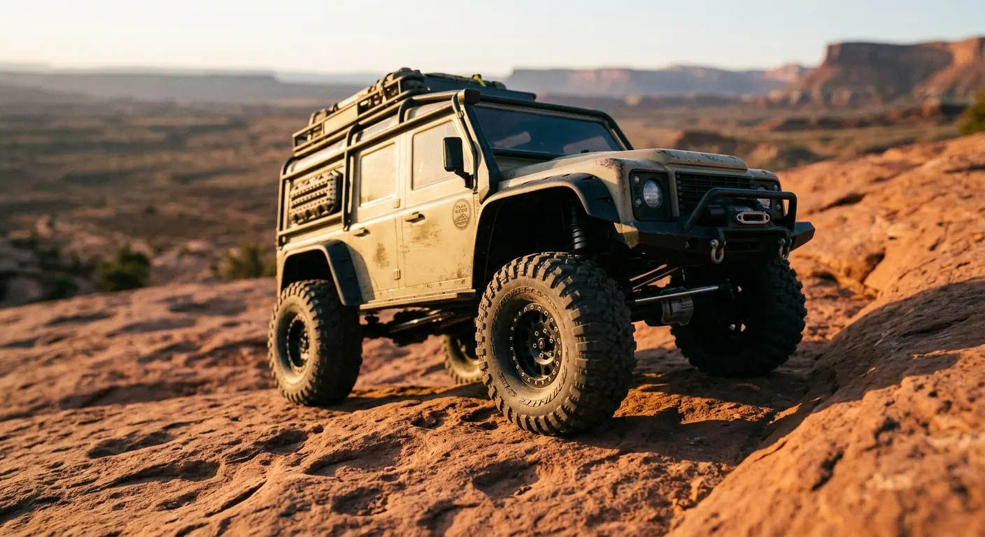 Traxxas TRX-4 scale crawler on a rocky trail at golden hour, RCAWD aluminum shocks and a scale hard body visible, red sandstone terrain in background